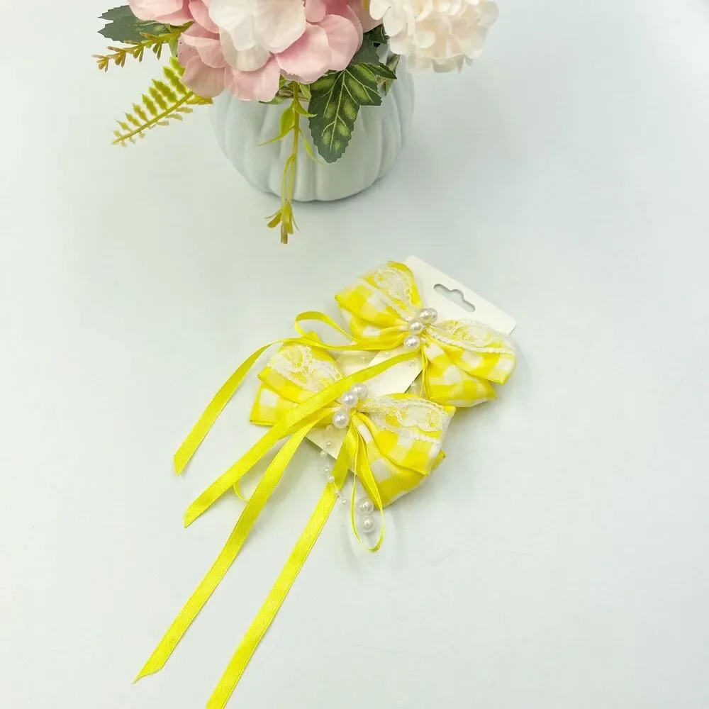 Hair Bow Clip Yellow Hairpin Wih Beads For Girls